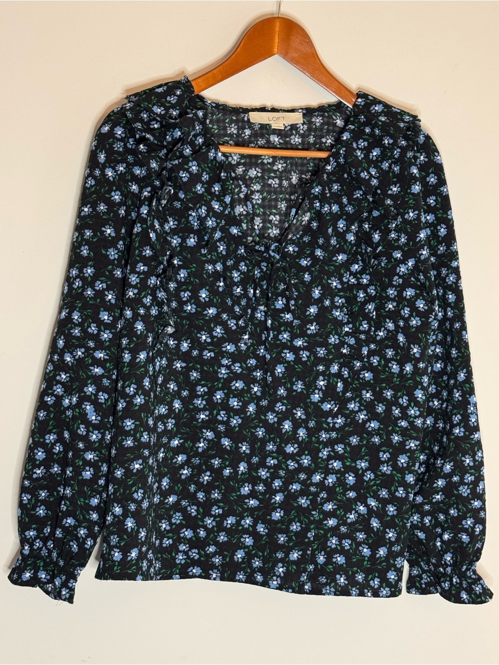 LOFT Black Long-Sleeve Blouse with Blue Floral Print